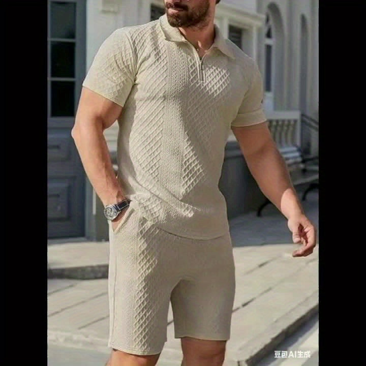 Men'S "Claude" Summer Polo Shirt Set - Short Sleeve, Shorts, and Zipper Detailing, Polyester, Casual Style, Casual Attire|Short Sleeve Shirt|Polyester Fabri