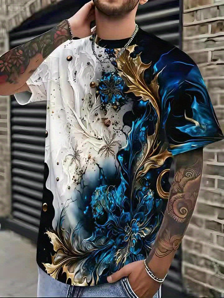 Men's Casual Short Sleeve T-Shirt with Dual-Sided Digital Print - White Blue/Golden Floral Design, Breathable Round Neck Tee, Machine Washable Regular Fit for Casual Attire, Streetwear Style, Bold Pattern, Lightweight Tee,
