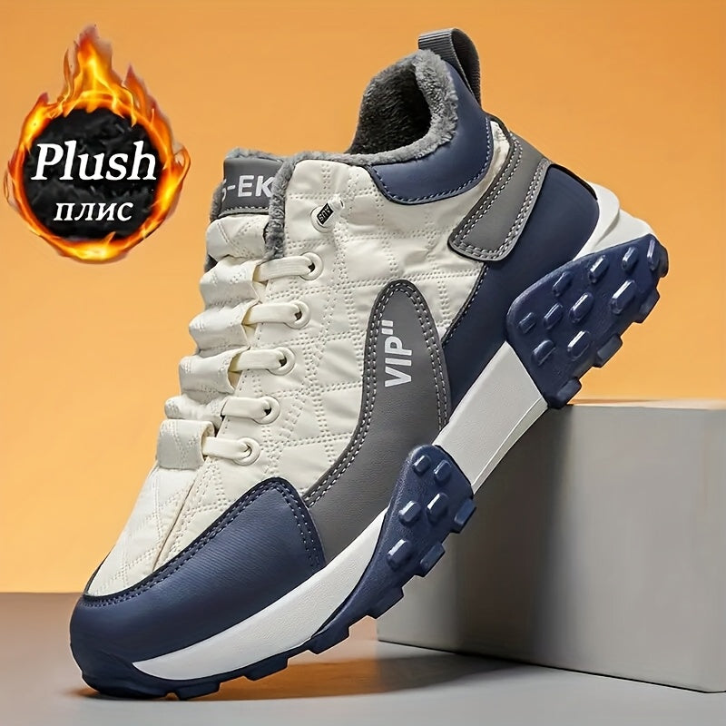 Men's Winter Warm Low-Top Ankle-High Hiking Boots with Plush Lining, Anti-Skid Traction Tread & PU/PVC Sole - Beige/Navy Blue/Tan Brown - Lace-Up/Dual Closure for Ice, Snow, Mud - Cold Weather Outdoor Trekking, & Daily Winter
