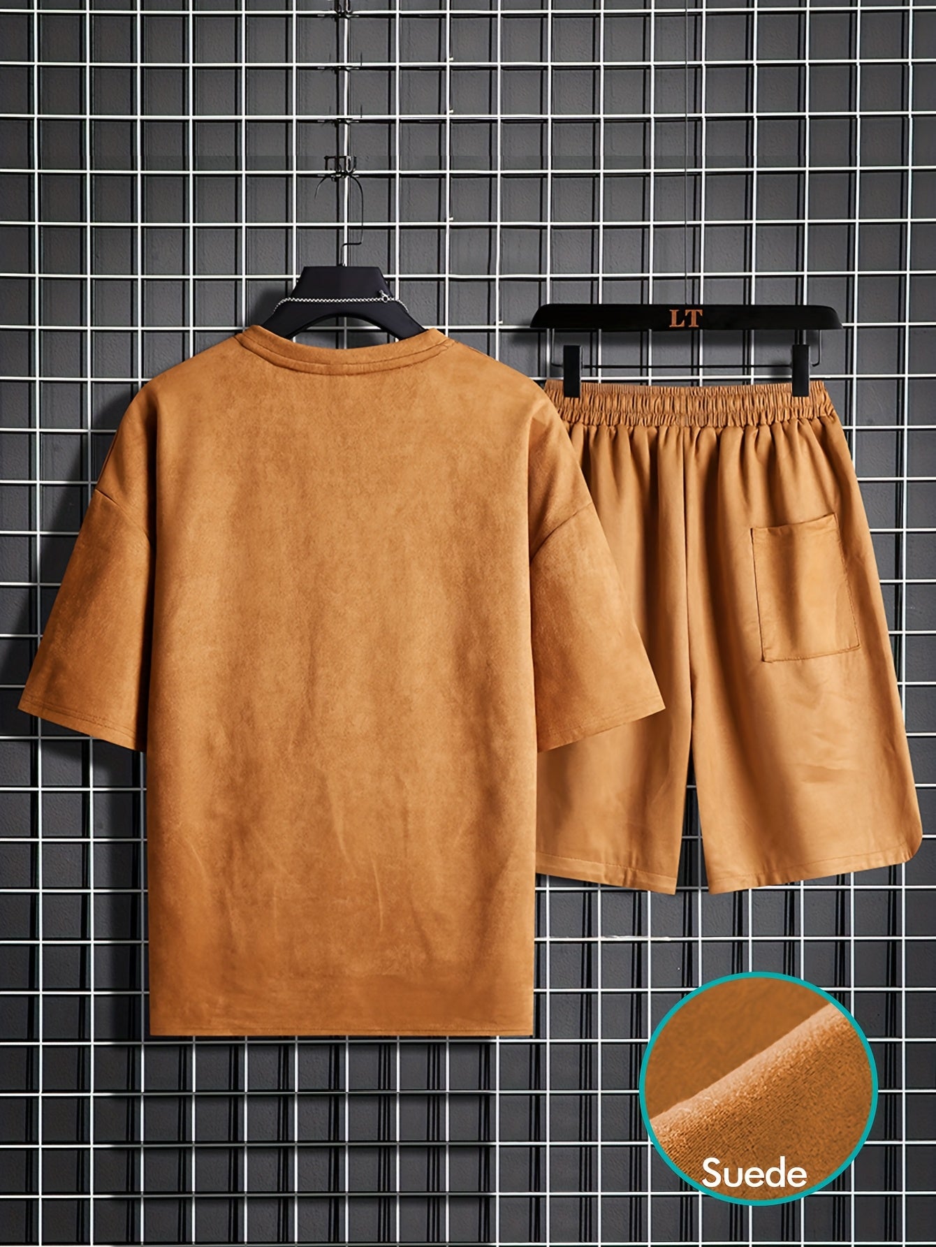 Two-piece Men's summer short-sleeve set, round-neck T-shirt, high-end solid color, half-sleeve, open-back hair clip, thin-fit shorts