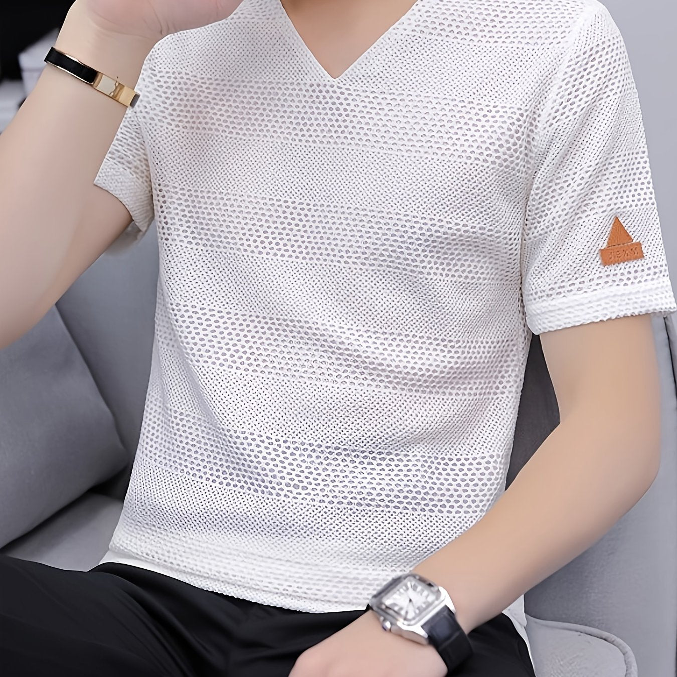 Men's Short-Sleeve T-Shirt Summer Hollow-Out Cool High-End Half Sleeve Breathable Non-See-Through