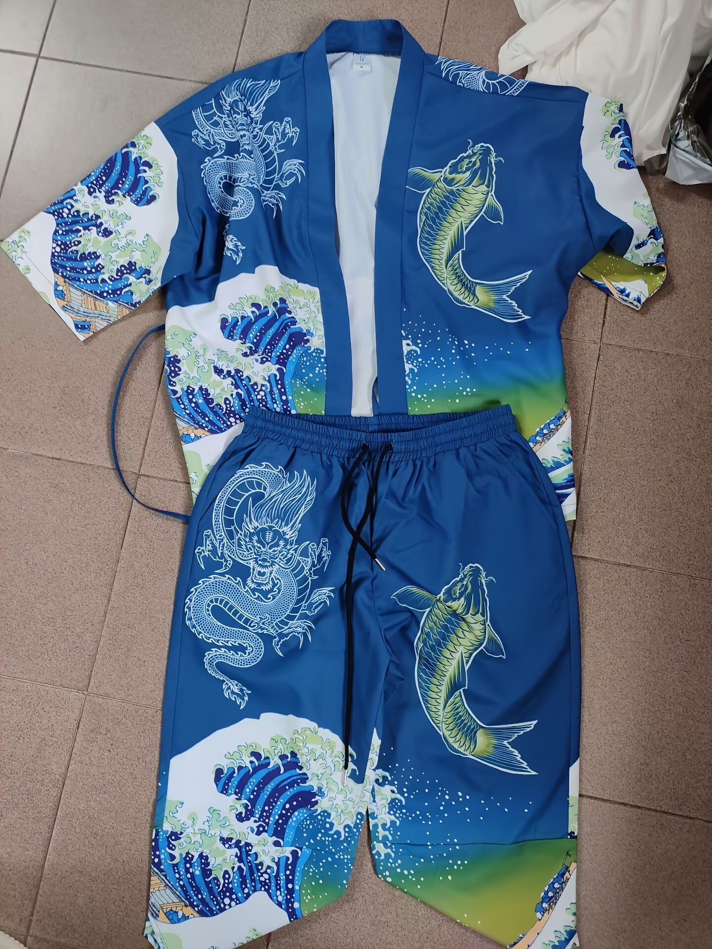 Men's Kimono Set with Carp Leaping Over the Dragon Gate Pattern