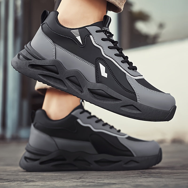 Men's Retro Sporty Casual Sneakers - Low-Top Breathable PU Upper, Cushioned EVA Insole Durable PVC Outsole - All-Season Comfort for Daily Wear, Running Casual Outings - Black