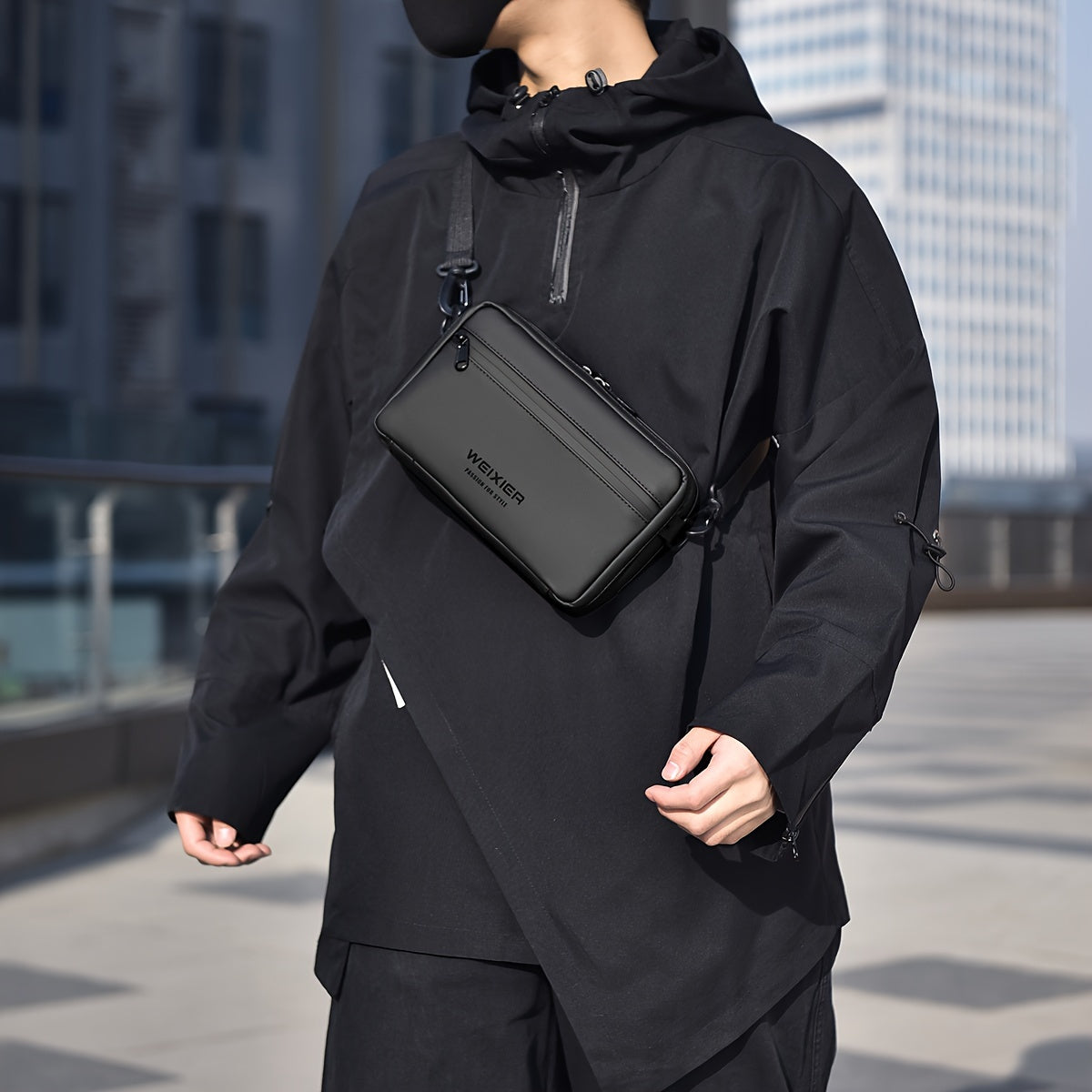 WEIXIER Men's Casual Nylon Handbag - Large Capacity with Adjustable Wrist Strap, Sleek Black for Daily Use, Valentine's Day Gift for Him, Outdoor Bag Casual Style Nylon Material