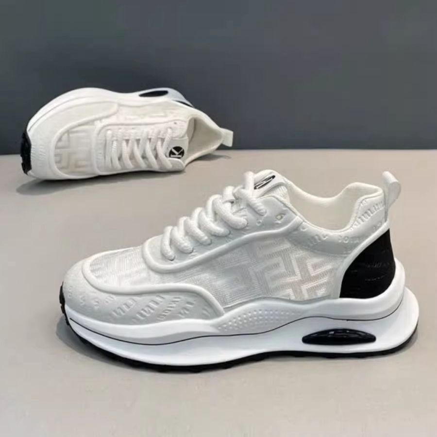 Men's Lightweight Breathable Low-Top Sneakers - PU Upper PVC Sole, White/Navy/Red Accents, Lace-Up Round Toe for Casual, Outdoor, Running Gym - All-Season Comfort Shoes, Casual Footwear, Geometric Pattern, Comfortable Fit