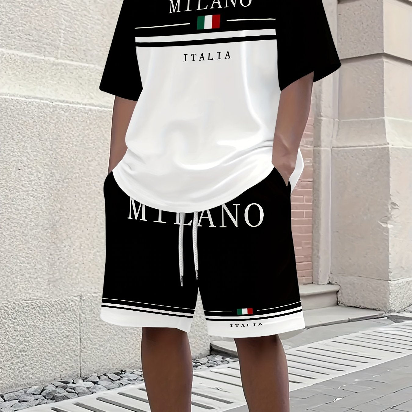 Men'S Casual "Milano Italia" Graphic Tee & Shorts Set - Black & White, Breathable Summer Outfit with Drawstring Waist, Comfortable for Casual Attire, Casual Attire|Italianinspired Design|Stretchy Fabric