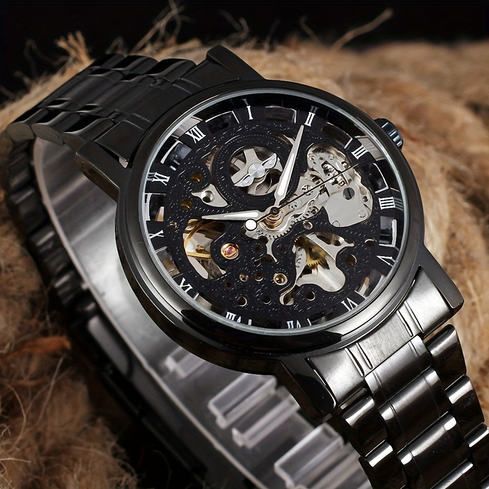 1pc T-WINNER Men'S Luxury Skeleton Automatic Mechanical Watch with Luminous Hands, Black Stainless Steel Strap & Roman Numerals - 3ATM High Quality, Business Casual Style, Includes Gift Box, Business Casual Watch | Skeleton W