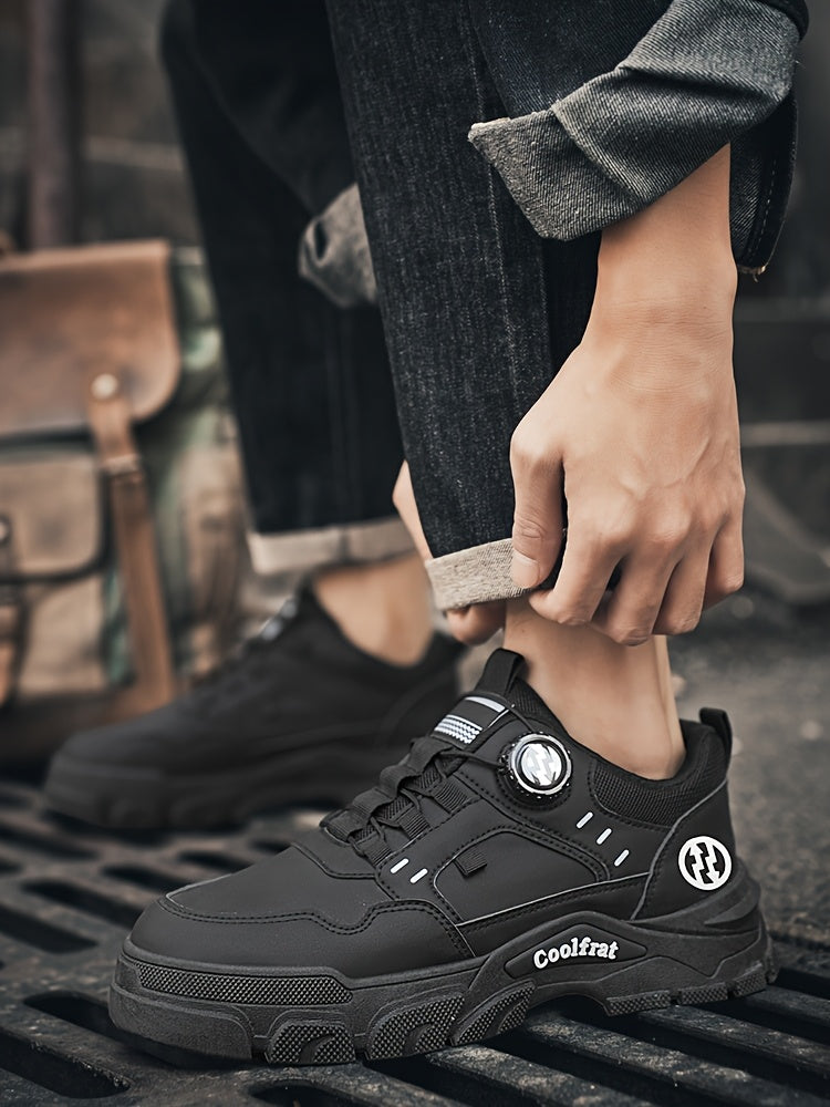 Men's Solid Color Skate Sneakers - Adjustable Rotating Buckle Straps, Slip-Resistant PVC Sole Durable PU Upper, Low-Top Lace-Up Design for Hiking, Walking, Daily Wear - All-Season Casual Streetwear Shoes, Skate Shoes