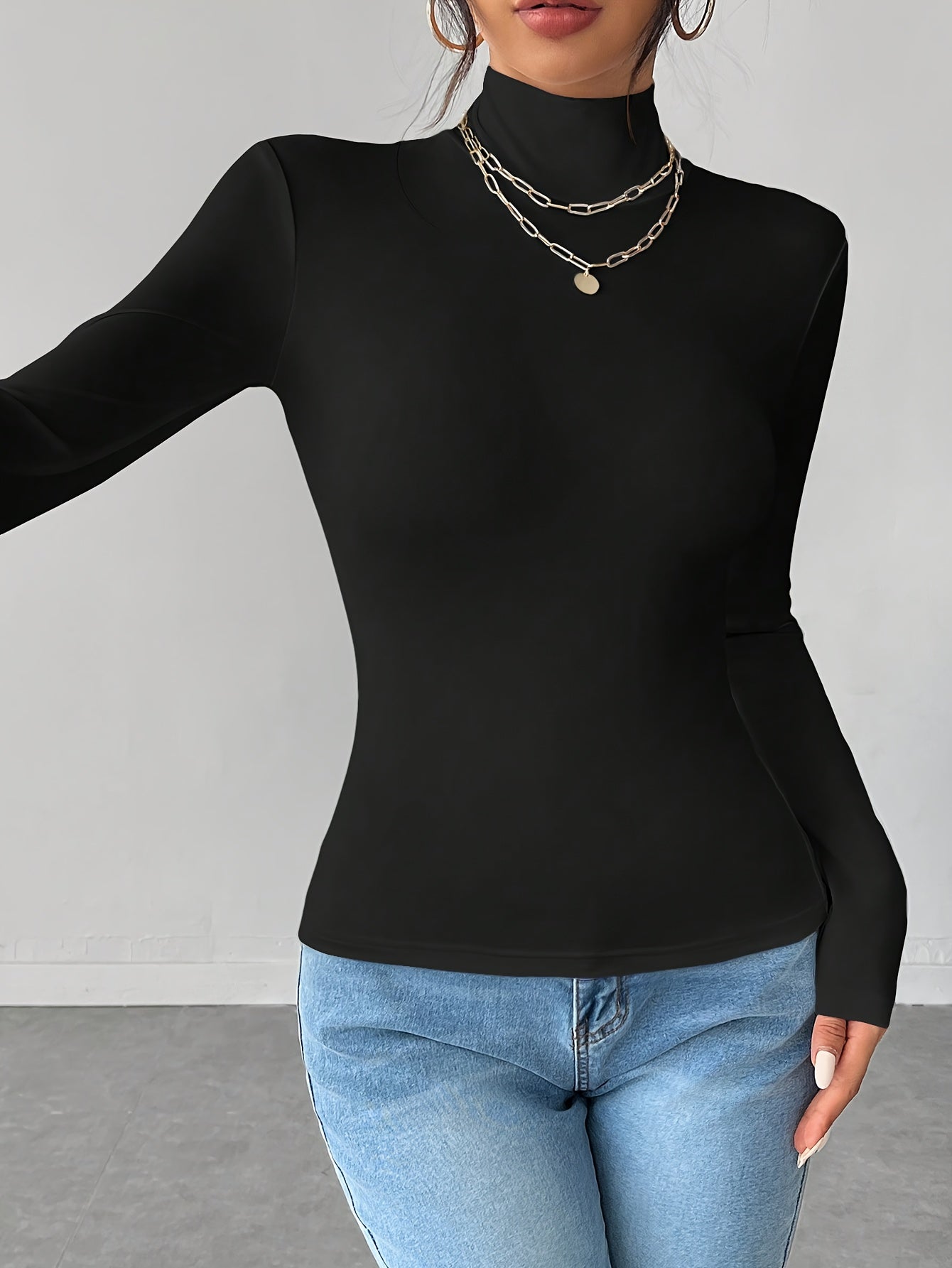 Women'S Elegant High Neck Long Sleeve T-Shirt - Soft Stretchy Solid Color Top for Spring Summer Fall, Versatile Casual & Formal Wear, Machine Washable, Seasonal Fashion, Sophisticated Style, Comfortable Fit, Stylish Blouse, F