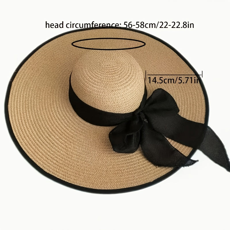 Elegant Women'S Wide Brim Straw Sun Hat with Black Bow - Stylish & Breathable Beach Hat for Summer, Ladies' Beach Accessory with Paper Straw Design, Beach Accessories|Bowknot Adornment|Paper Straw Material