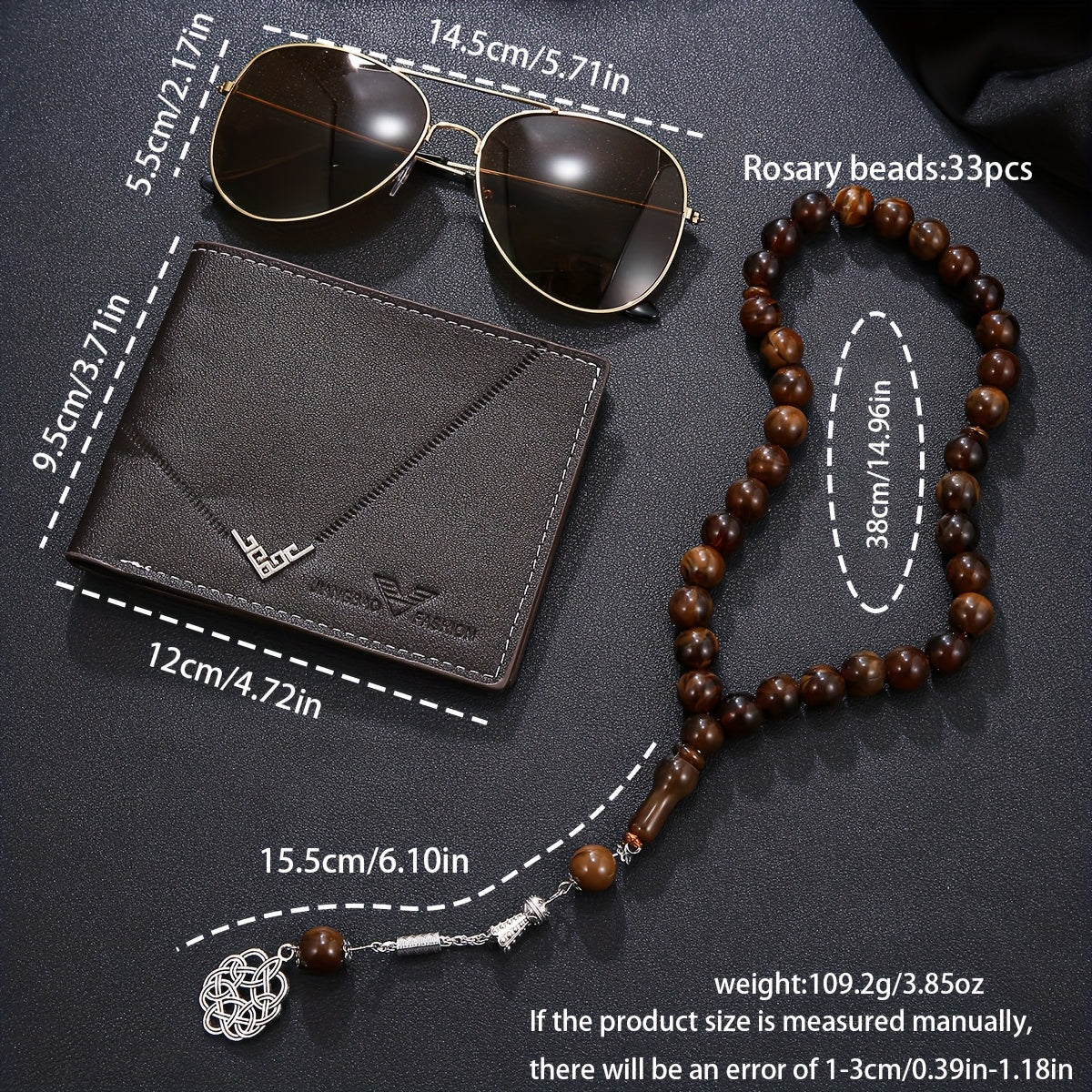 3pcs Men's Business Premium Gift Set: A professional wallet exudes sophistication, agarwood beads enhance workplace wisdom, and high-definition glasses ensure clear vision. The complete set showcases elegance for business gif