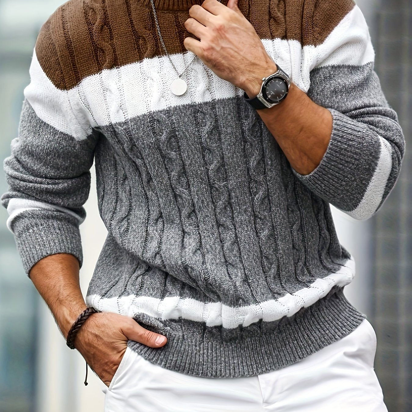 Men's Autumn/Winter Casual Color-Block Twist-Knit Pullover Sweater
