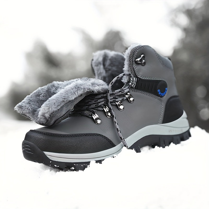 Men'S Winter Snow Warm Hiking Boots, Plush Ankle Boots, Lace-Up Outdoor Trend Style, Suitable for Hiking on Snowy Ground