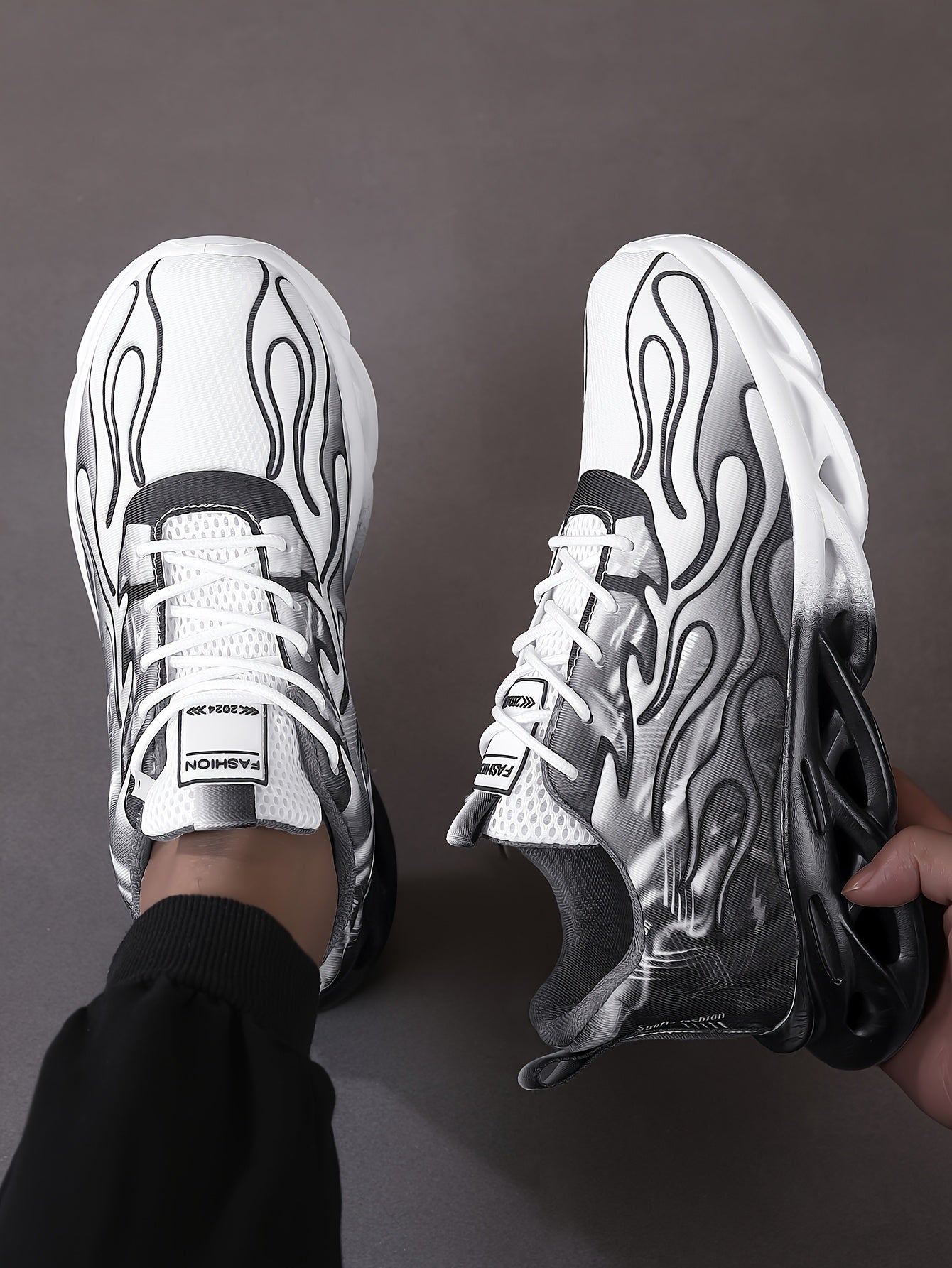Trendy Black White Gradient Sneakers - Breathable Mesh, Thick Sole for Height Boost, Fashion Athletic Casual Running Shoes with Flame Design, Perfect for Students Casual Attire, High Top Sneakers