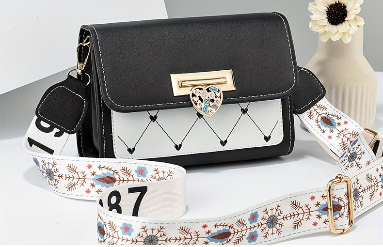 Chic Versatile Women’s Shoulder Bag with Cute Heart Pattern - Adjustable Strap, Magnetic Closure, in Pink, Green, Blue, Black, Casual Crossbody Bag | Playful Heart Design | Decorative Zipper Charm