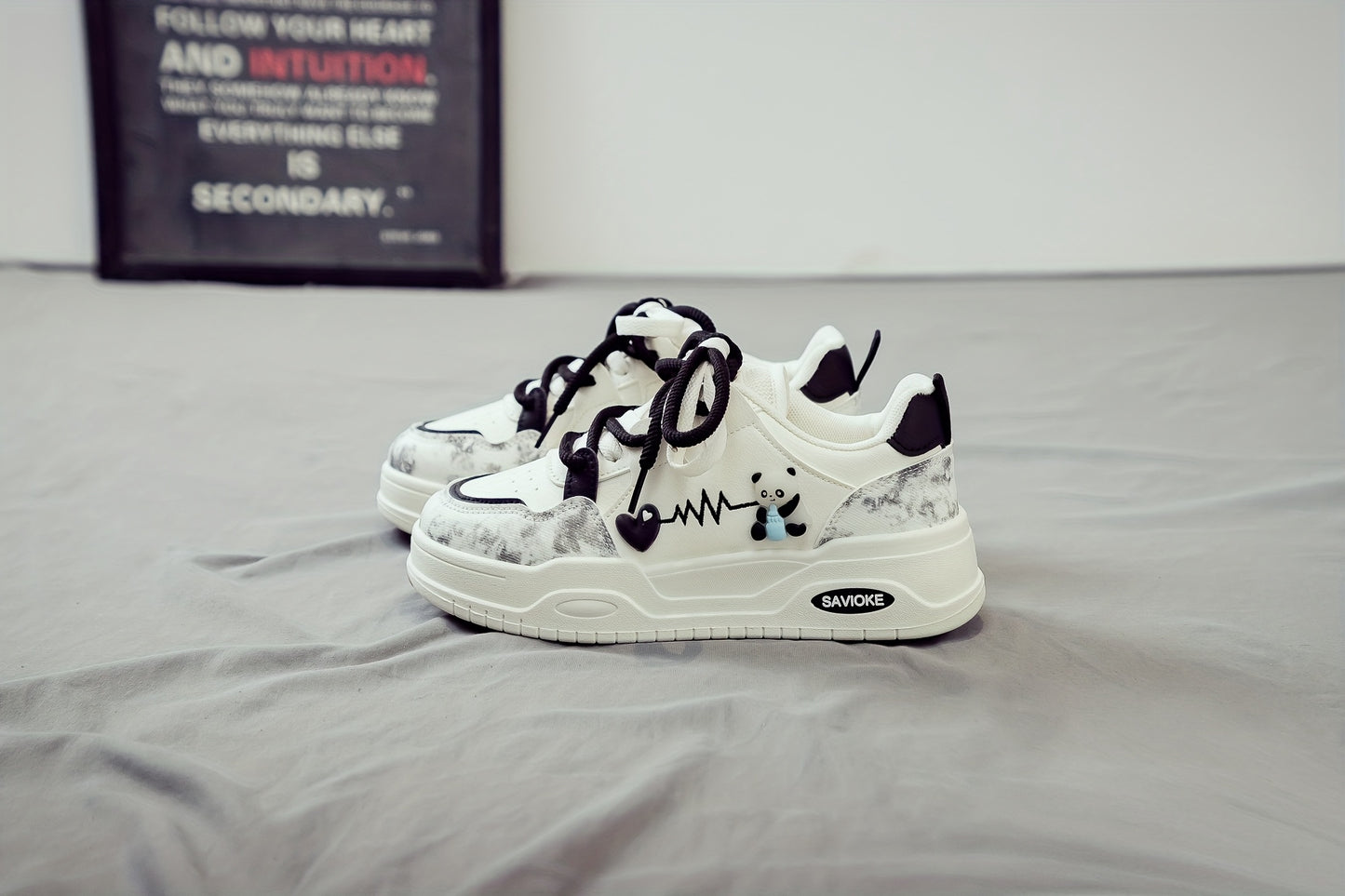 Women's White Mid-Top Sneakers with Bear Heart Stripes Design - PU Cover Upper, Thick Cushioned PVC Sole - Trendy Casual Shoes for All-Season Comfort