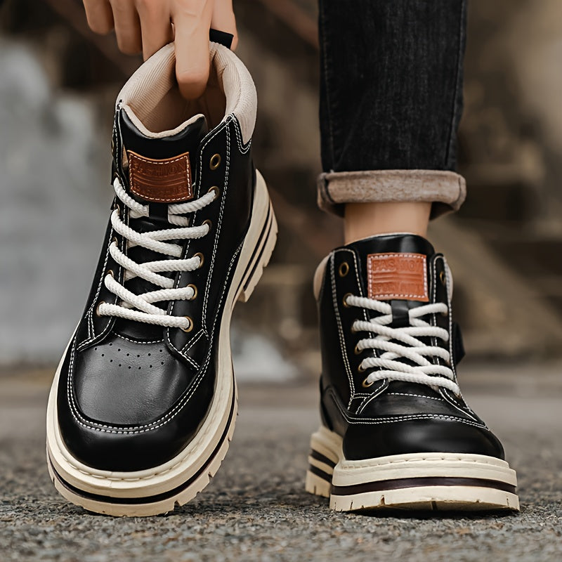 Men'S Retro British Style Mid-Top Work Boots - Black Faux Cover with White Laces, Durable PVC Sole, Comfortable Fabric Lining for Casual & Streetwear, Spring/Fall Footwear, Streetwear Footwear | Retro Style Boots | Durable PV
