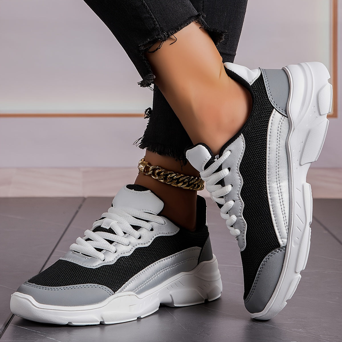 Women's Breathable Mesh Sneakers - Casual Lace-Up Dad Shoes with Soft Cushioning, Non-Slip EVA Sole for All Seasons