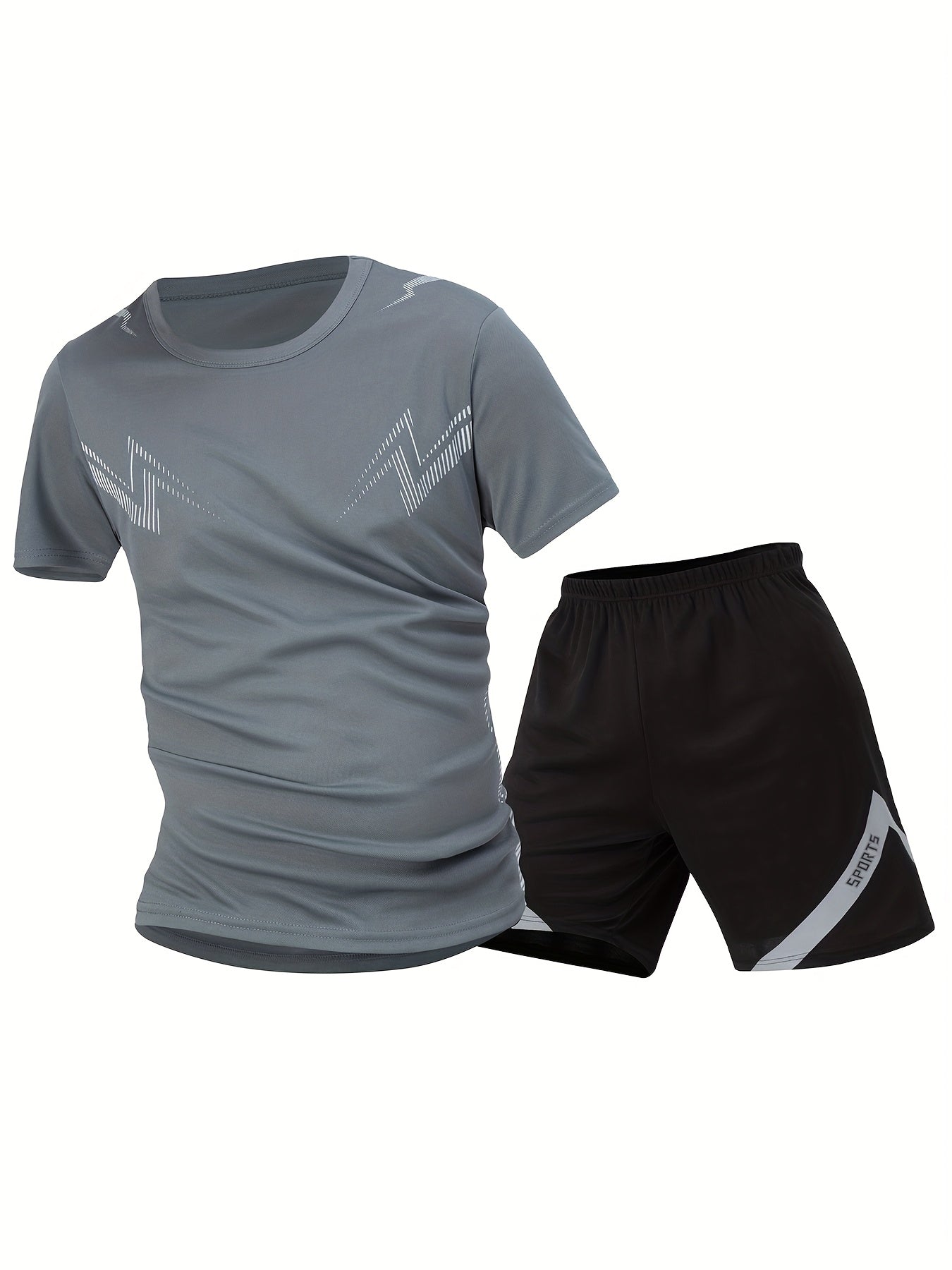 2pcs Summer New Lightning Print Sports Suit Men's Short Sleeve Shorts Outdoor Fitness Breathable Quick-Dry Loose Running Outfit Set