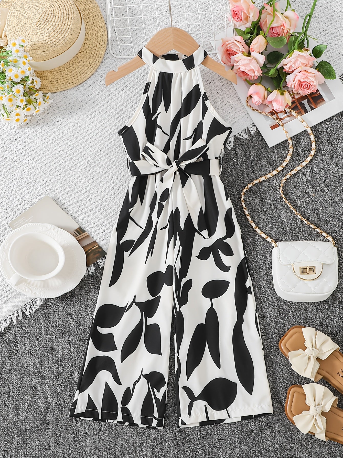 Girls Sleeveless Geometric Jumpsuit with Belt - Elegant Summer Wear