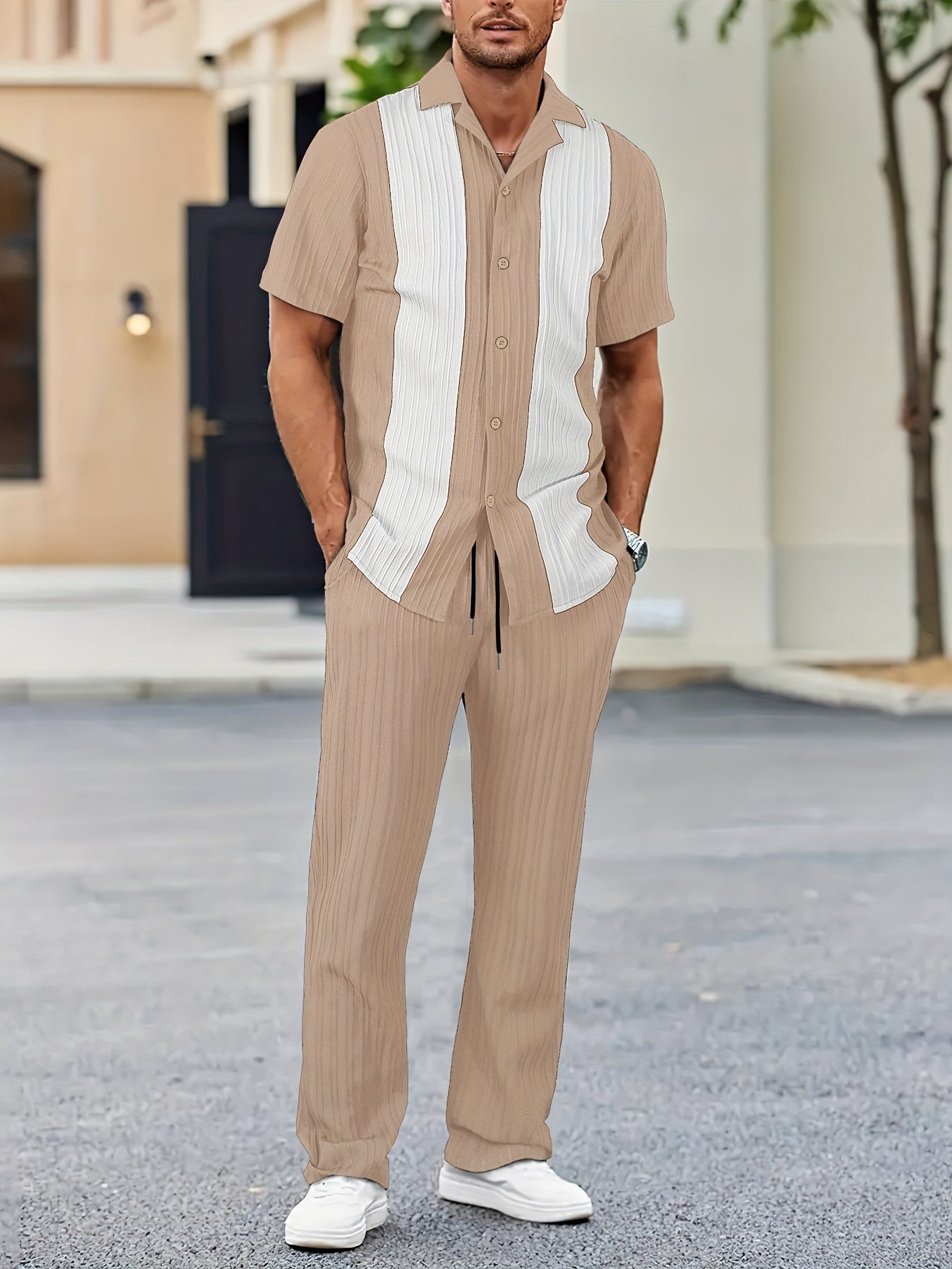 New Men's Colorful French Stripe Short Sleeve Shirt and Trousers Set