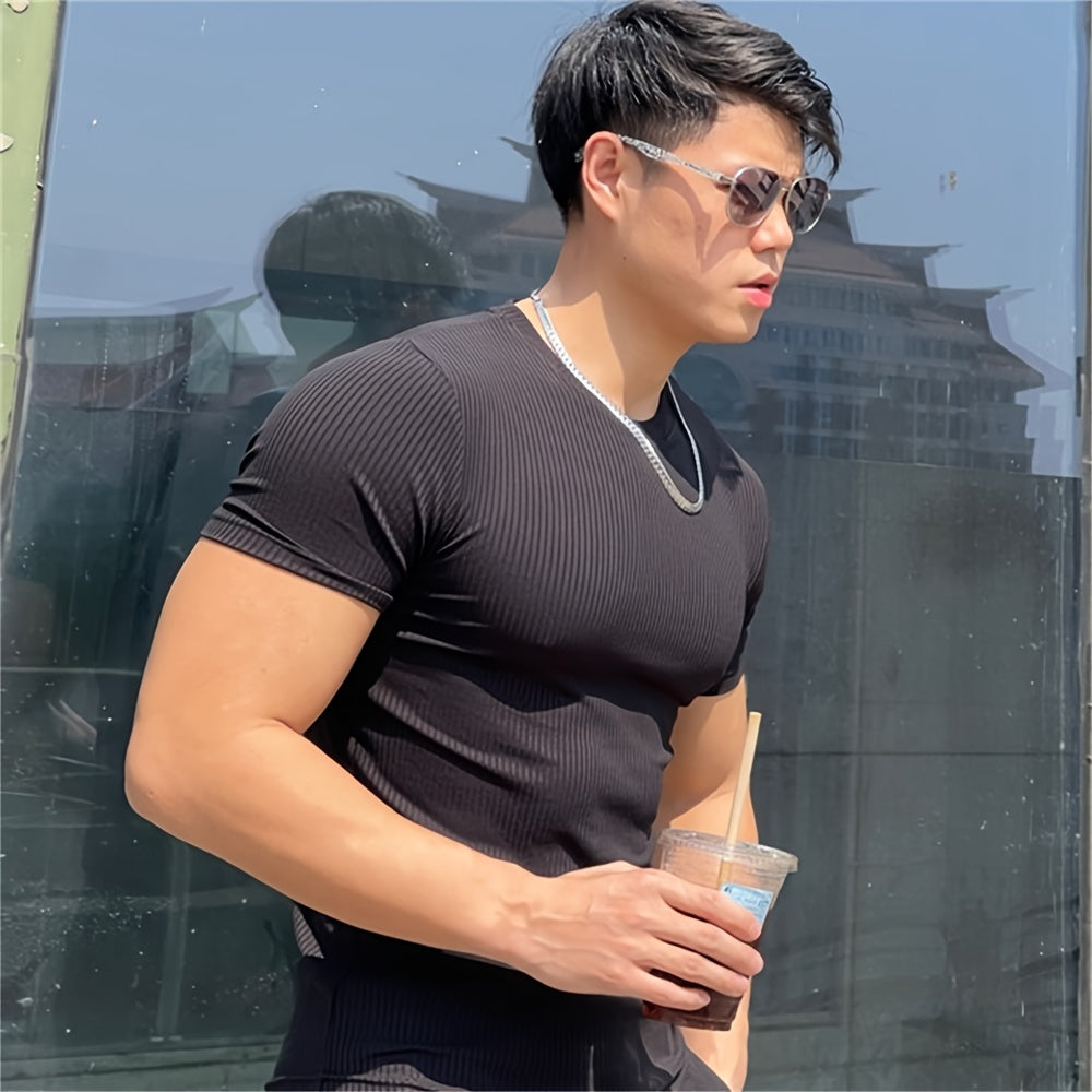 Men's Athletic Striped Solid Color Fitness Short Sleeve T-Shirt, Quick-Dry Stretchy Polyester Sports Tee for Training, Running, Summer, Slim Fit, Round Neck, Knitted Fabric