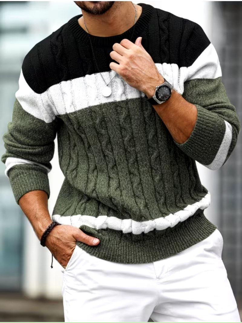 Color‑Block Cable Knit Sweater – Black, White & Olive Casual Style