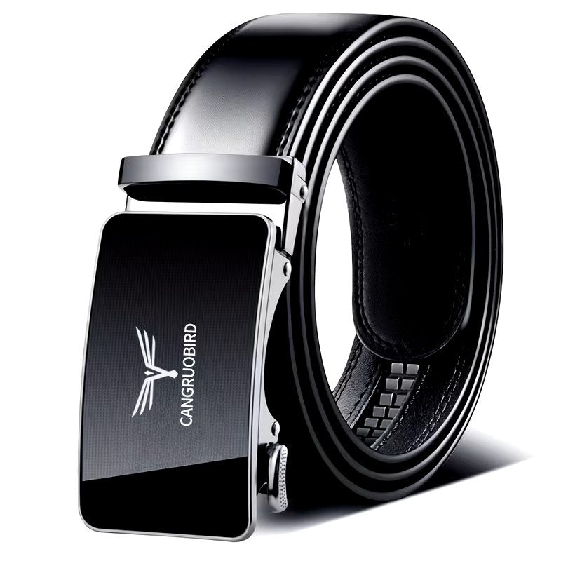 Black Leather Belt – Gold Logo Geometric Buckle