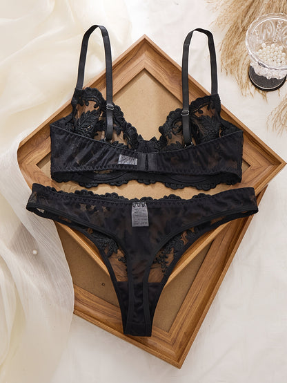Women's Gothic Semi-Sheer Lingerie Set - Embroidered Bra & Briefs