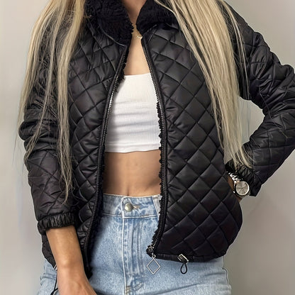 Women'S Cozy Quilted Jacket - Long Sleeve, Zip-Up, Warm Casual Outerwear with Pockets, Perfect for Fall & Winter, Casual Winter Wear | Zippered Jacket | Quilted Design