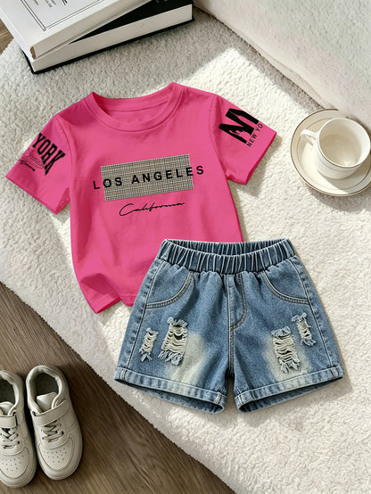 Summer Boys Los Angeles Print T-Shirt & Distressed Shorts Set