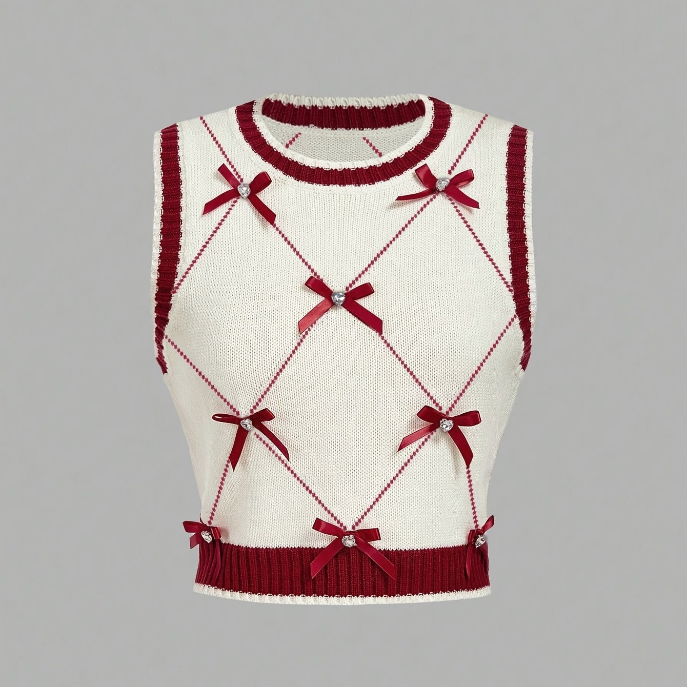 Women'S Casual Geometric Pattern Vest with Red Bow Detail - & Red Color Block Design, Round Neck, Long Sleeve, All-Season Layering Piece, Casual Wear, |geometric Pattern Vest|sleeve Vest, Sweater Vest