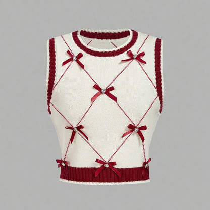 Women'S Casual Geometric Pattern Vest with Red Bow Detail - & Red Color Block Design, Round Neck, Long Sleeve, All-Season Layering Piece, Casual Wear, |geometric Pattern Vest|sleeve Vest, Sweater Vest