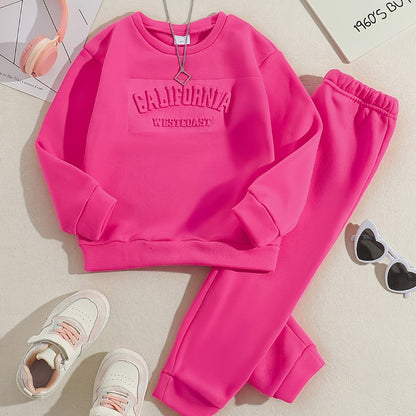 Tween Girls' Autumn/Winter Letter Embossed Warm Lined Sweatshirt and Joggers, Perfect for Outdoor