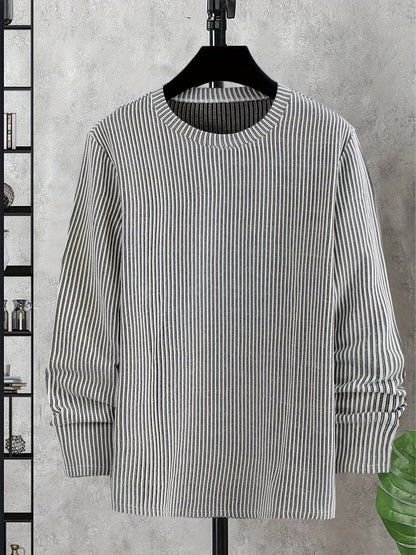 Men's Casual Knit Sweater - Spring/Fall Ribbed Crew Neck Top
