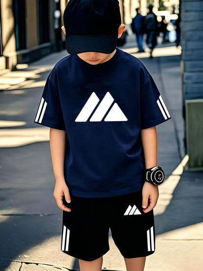 Boys' Casual Sports Set with Mountain Print, Polyester, Ages 7-12