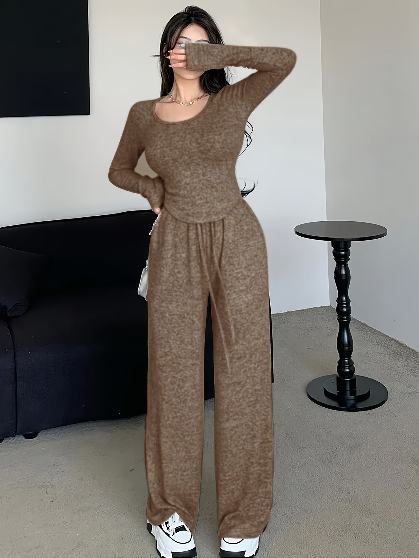 Casual Two-Piece Set with Crew Neck Sweatshirt & Wide-Leg Pants