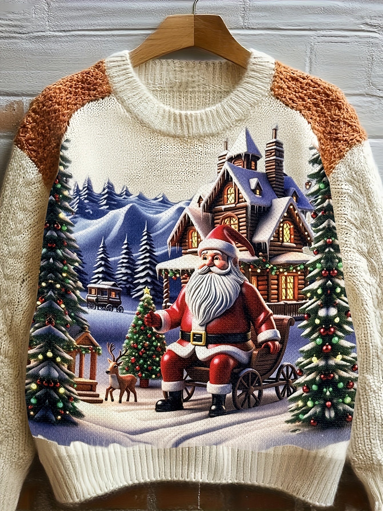 Women's 2025 Winter Knitted Christmas Sweater: Santa Claus Print and Shoulder Paneling - Cozy Sweater, Warm Holiday Fashion for Holiday Parties, Christmas Gift for Women (Loose Fit)