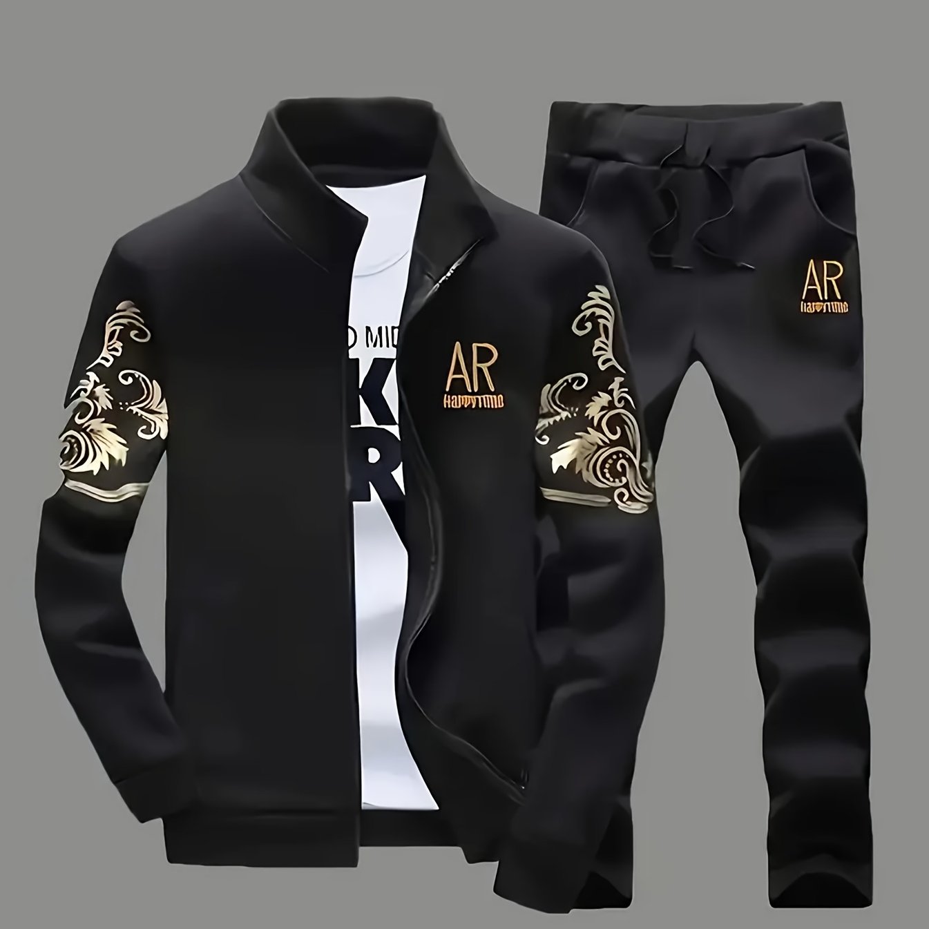 New Spring and Autumn Men's Sports Casual Suit, Trendy Fashion Stand-up Collar Long Sleeve Jacket Two-piece Set
