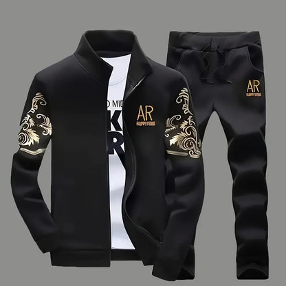 New Spring and Autumn Men's Sports Casual Suit, Trendy Fashion Stand-up Collar Long Sleeve Jacket Two-piece Set