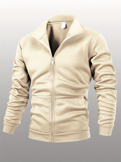 Men's Stand Collar Zip-Up Solid Color Fleece Jacket Long Sleeve Casual Sport Hoodless Coat with Large Side Pockets, Suitable for Daily Wear, Outdoor Activities, Hiking