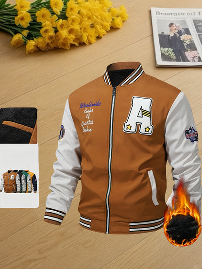 Men's Thermal Insulated Full-Zip Baseball Jacket with Full-Zip Closure - Heavyweight Winter Coat, Brown/White colorblock, Lining - Streetwear Outerwear for Casual & Formal Events - Compatible with Hoodies & Jackets (Men's Fas