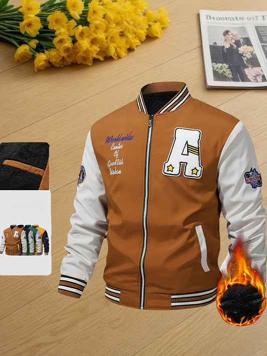Men's Thermal Insulated Full-Zip Baseball Jacket with Full-Zip Closure - Heavyweight Winter Coat, Brown/White colorblock, Lining - Streetwear Outerwear for Casual & Formal Events - Compatible with Hoodies & Jackets (Men's Fas