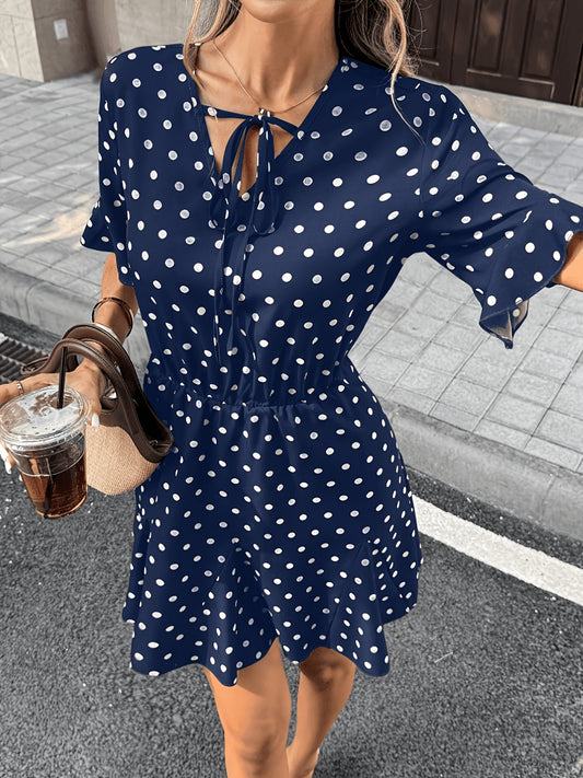 Women's Elegant French-Style Polka Dot Midi Dress with Ruffle Sleeves