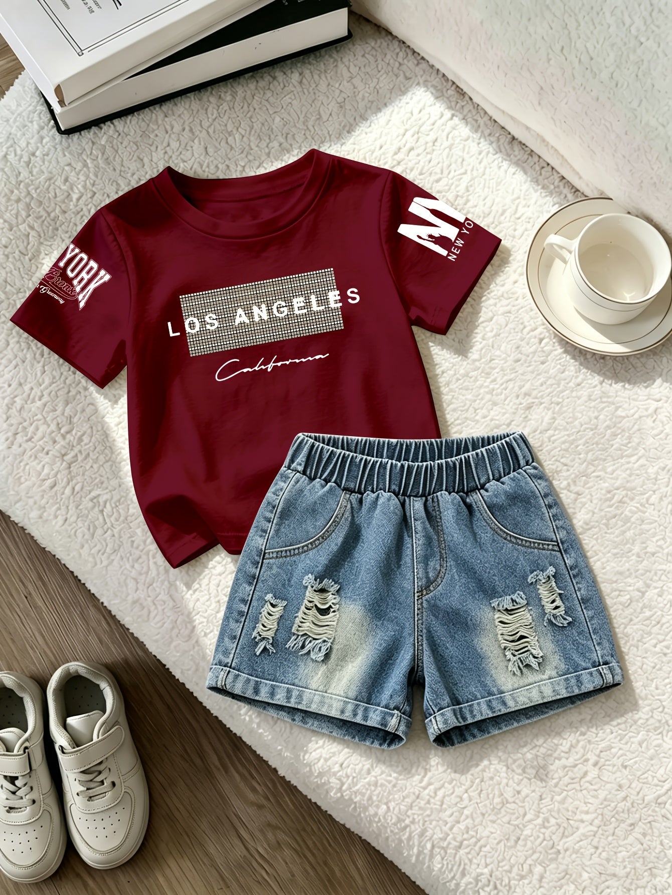 Summer Boys Los Angeles Print T-Shirt & Distressed Shorts Set