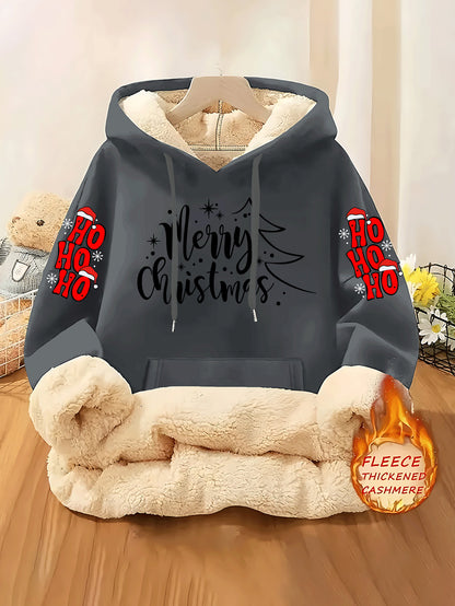 Women's Fleece-Lined Hooded Christmas Sweatshirt with Ho Ho Ho & Merry Christmas Print, Plush Fleece Jacket, Warm Winter Coat, Thick Polyester Outer Layer, Machine Washable Holiday Sweater for Xmas Parties & Winter Outfits, W