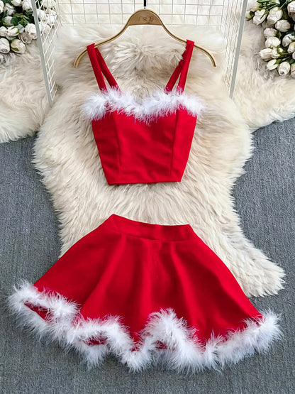 2025 New Christmas Party Event Gathering Date Plush Trim Sweet Sexy Women's Skirt Set