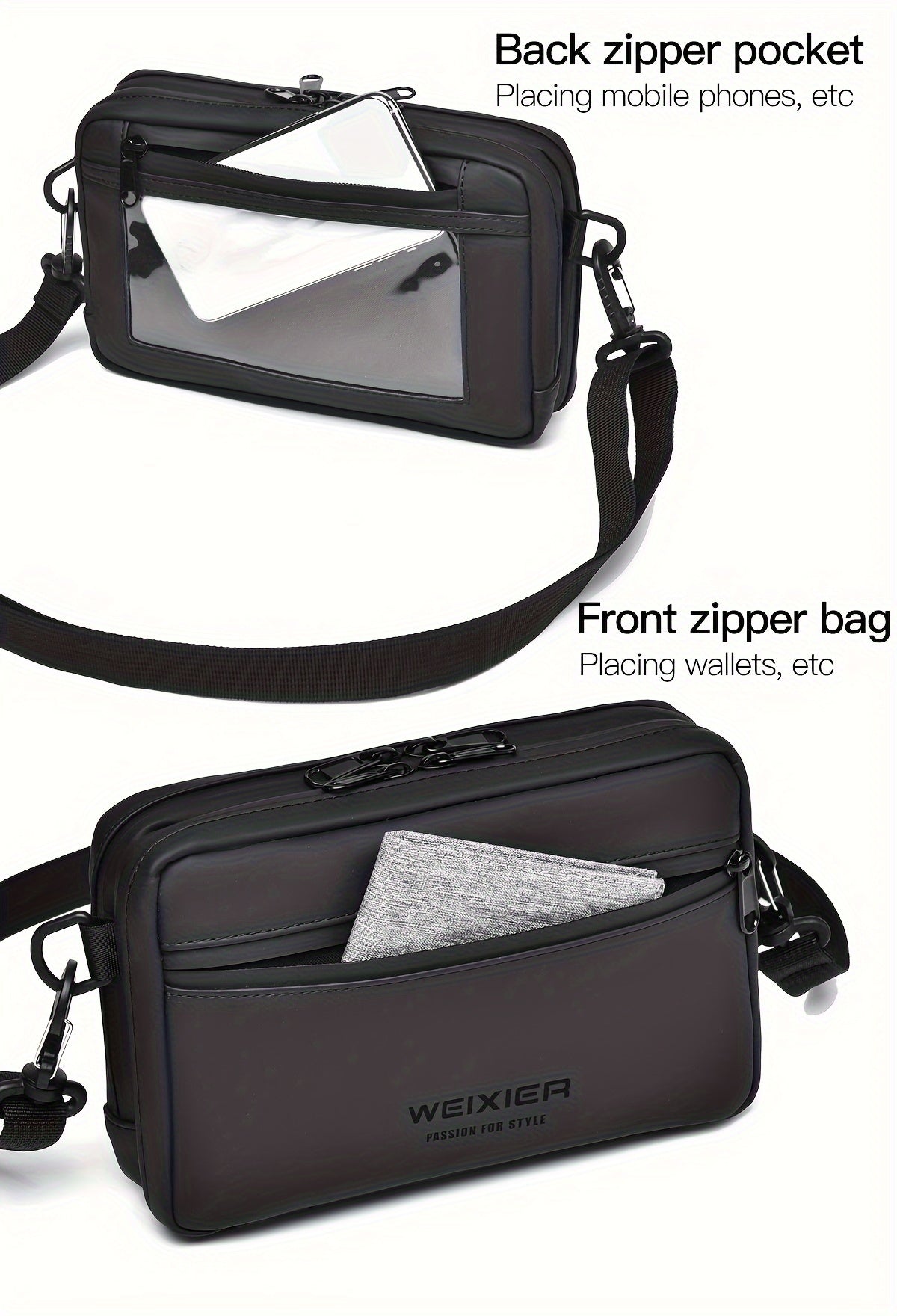 WEIXIER Men's Casual Nylon Handbag - Large Capacity with Adjustable Wrist Strap, Sleek Black for Daily Use, Valentine's Day Gift for Him, Outdoor Bag   Casual Style   Nylon Material
