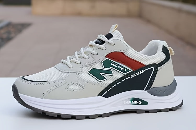 Men's Breathable Mesh Running Sneakers - Durable, Anti-Slip, Odor-Resistant Casual Shoes with Rubber Sole for Spring  Fall, Low-Top Lace-Up Design in White, Black  Green