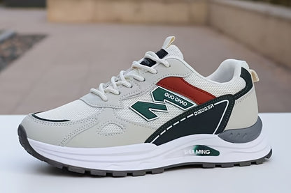 Men's Breathable Mesh Running Sneakers - Durable, Anti-Slip, Odor-Resistant Casual Shoes with Rubber Sole for Spring  Fall, Low-Top Lace-Up Design in White, Black  Green